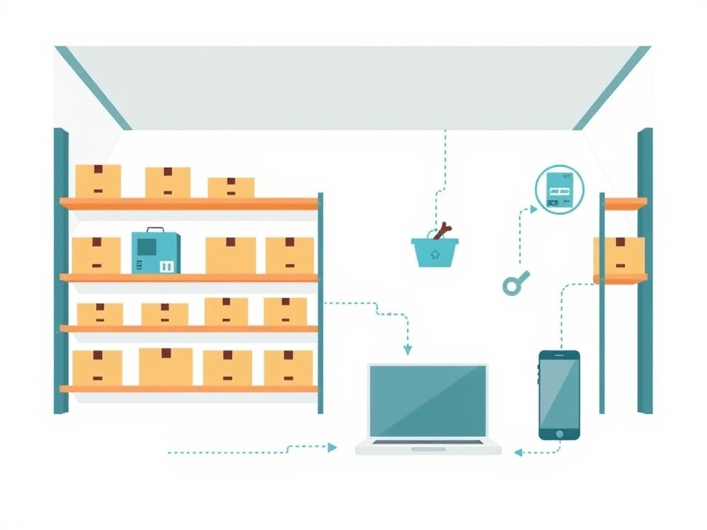 Abstracte vectorillustratie van een ecommerce logistiek concept met pakketten en digitale apparaten.
