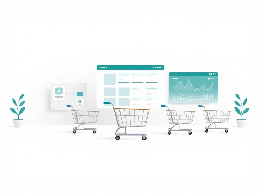 Abstracte e-commerce elementen in een minimalistische vectorstijl met dropshipping focus.