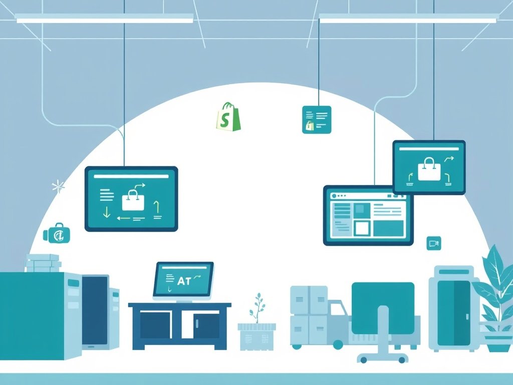 Abstract e-commerce workspace met schermen en verzendroutes in diepe teal en zachte blauwtinten.