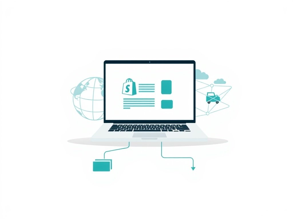 Laptop met abstracte webshop en wereldbol met verzendlijnen in een minimalistische vectorstijl.