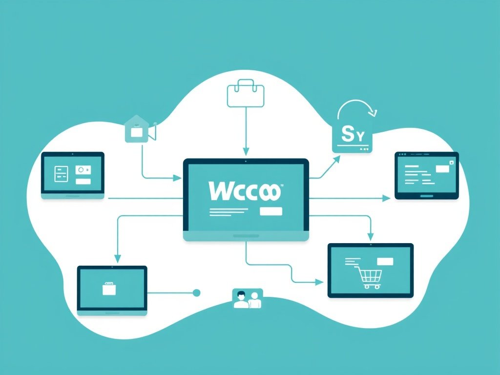 Abstract flat illustration van digitale e-commerce workflow met schermen en pakketten in deep teal en grijs.