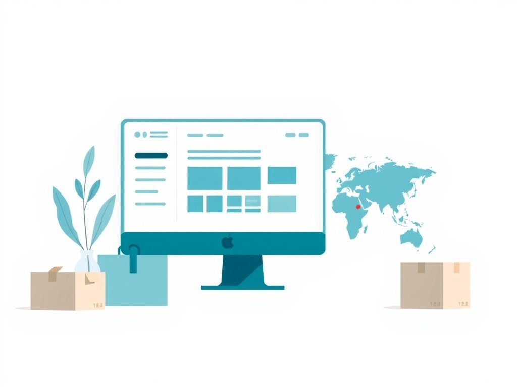 Conceptuele flat vector illustratie van online winkel dashboard, pakketten en wereldkaart in deep teal kleuren.