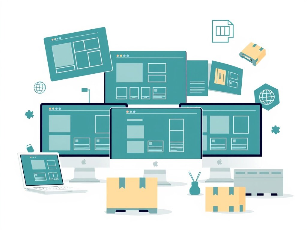 Minimalistische techillustratie van schermen en dozen die dropshipping webshop concepten symboliseren.