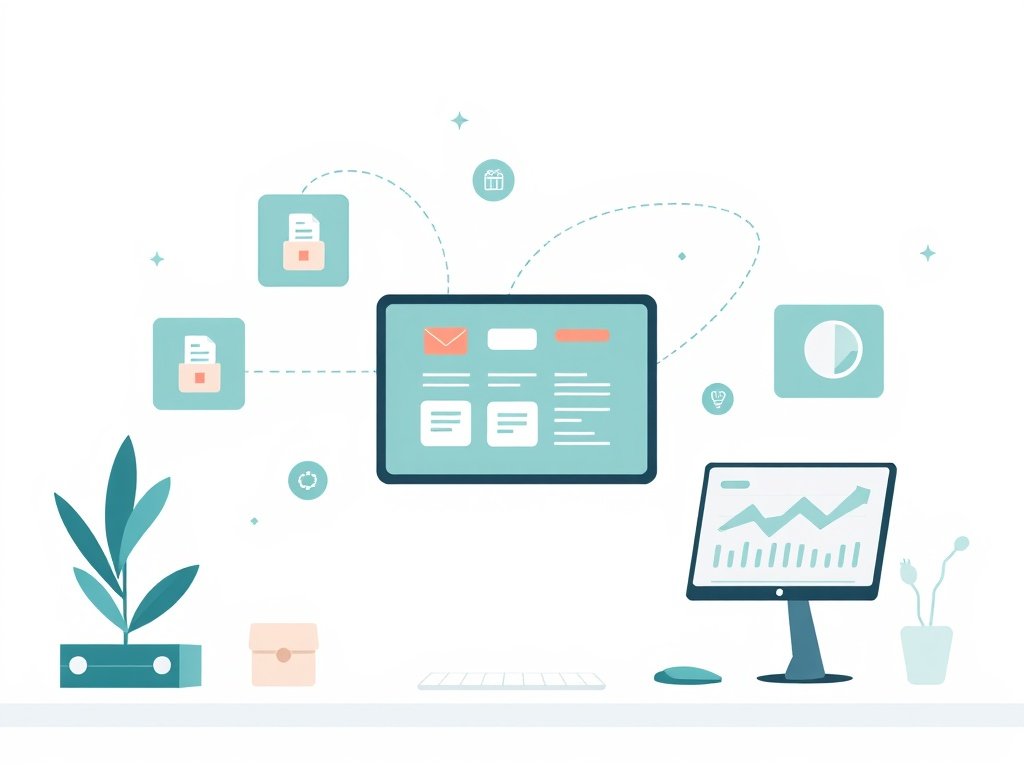 Minimalistische technische illustratie met schermen en pakketten die dropshipping producten en verzending symboliseren.