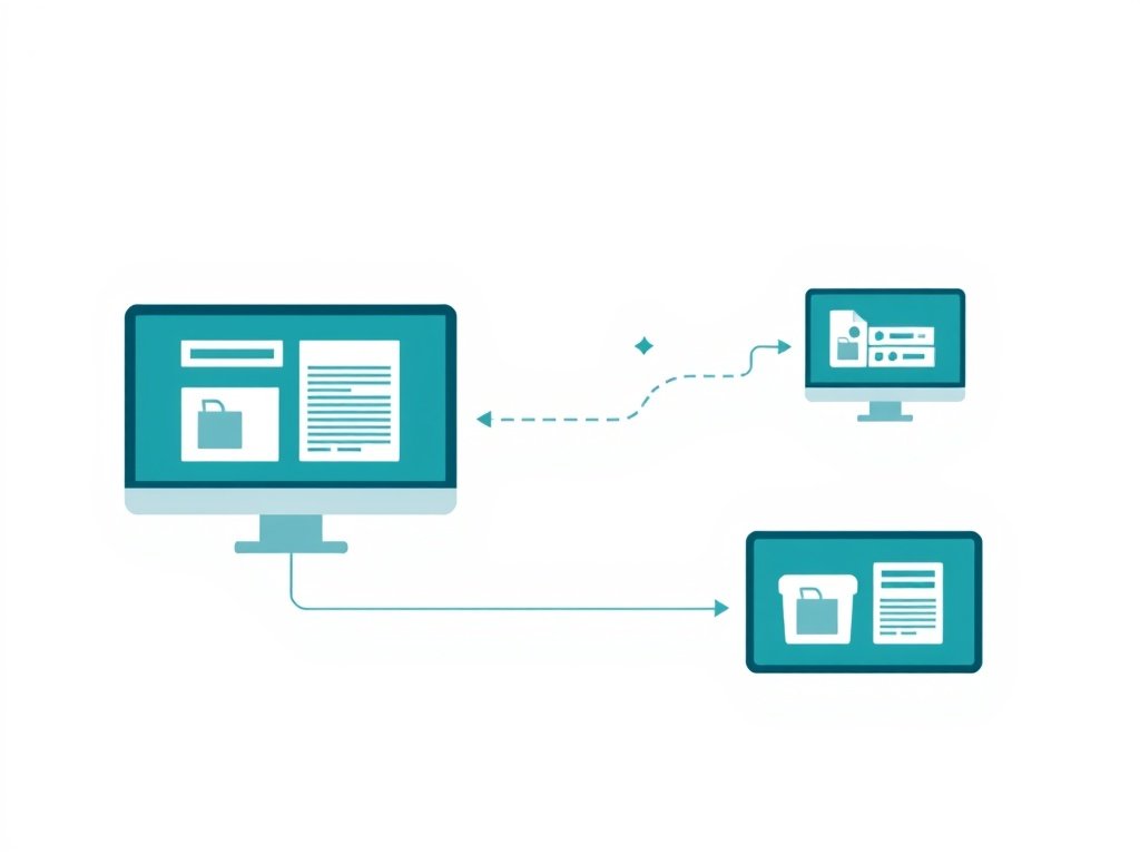Flat-style illustratie van ecommerce workflow met schermen en verzendlabels voor dropshipping.