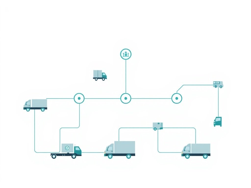 Gestileerde supply chain met vrachtwagens en pakket symbolen in een technische dropshipping setting.