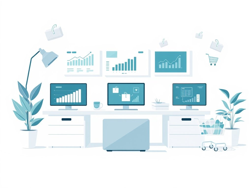 Minimalistische flat-style illustratie van een moderne thuiswerkplek met digitale elementen en pakketten die high ticket dropshipping symboliseren.