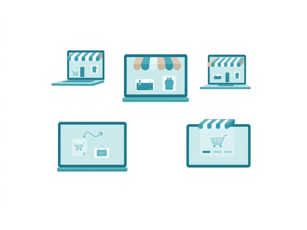 Abstract digitale winkelrekken met pakketten en winkelwagen iconen in dropshipping sfeer.