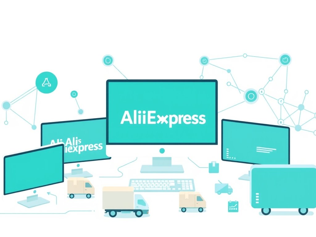 Minimalistisch techbeeld met schermen en pakketten die een dropshipping netwerk visualiseren.