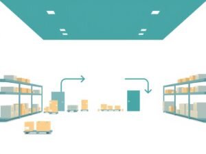 Minimalistische vectorillustratie van een abstract magazijn met pakketten en pijlen die logistiek proces van dropshipping fulfilment visualiseren.