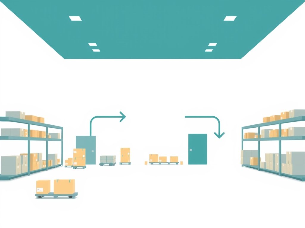 Minimalistische vectorillustratie van een abstract magazijn met pakketten en pijlen die logistiek proces van dropshipping fulfilment visualiseren.