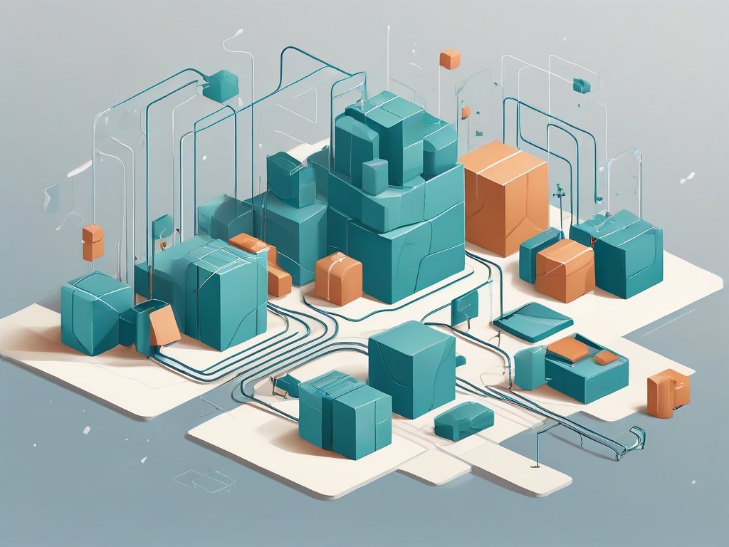 Abstract digitale magazijnillustratie met pakketten en digitale knooppunten bij dropshipping via Amazon.