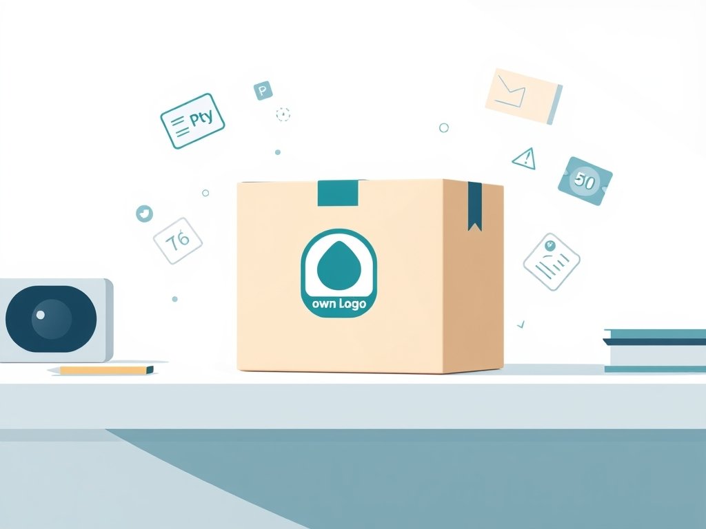 Minimalistische verpakking met eigen logo en abstracte digitale verzendiconen in flat-style illustratie.