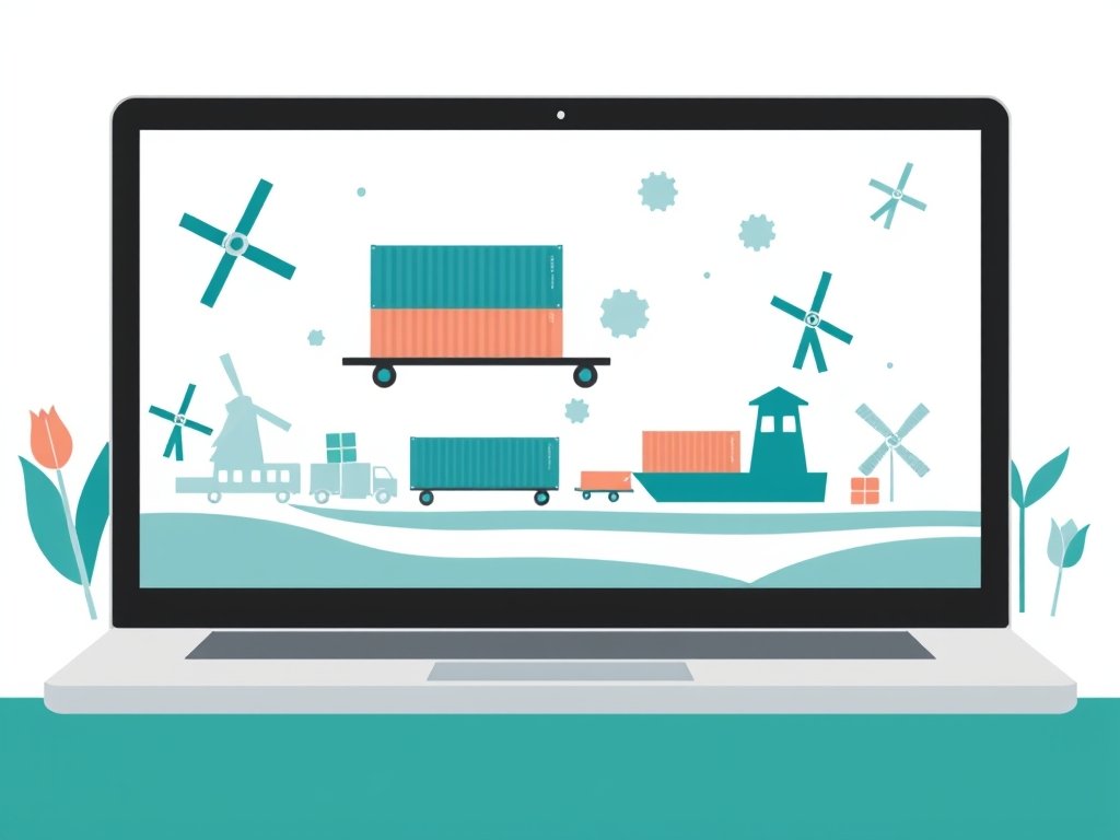 Tech illustratie van een laptop met abstracte iconen van leveranciers en verzendcontainers met Nederlandse motieven.
