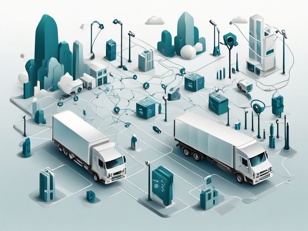 Abstract Europese kaart met verbonden knooppunten, magazijniconen en leveringssymbolen in flat-style tech illustratie.