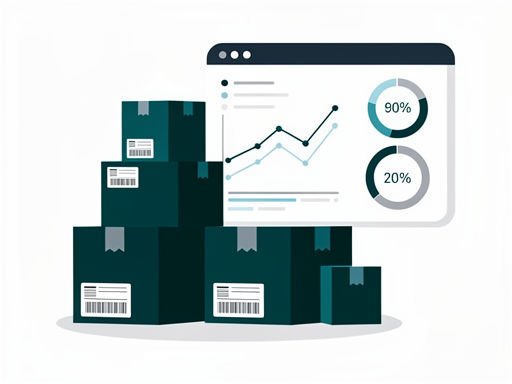 Minimalistische illustratie van gestileerde productverzending met digitale statistieken over winstgevendheid in dropshipping.