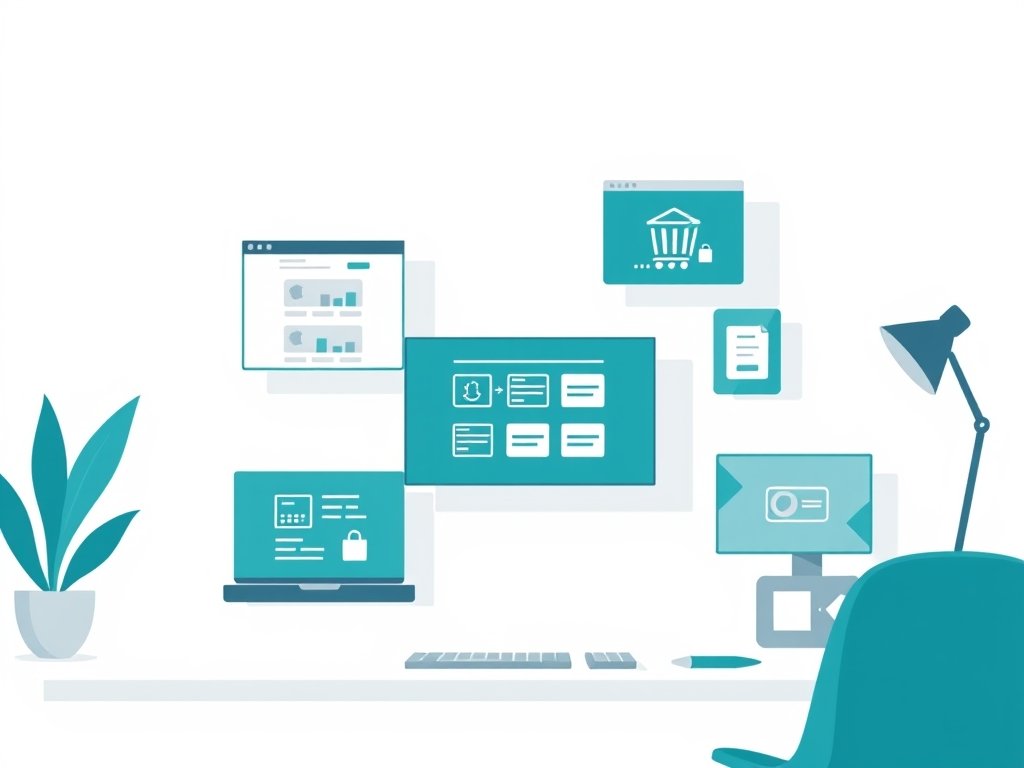 Minimalistische tech-werkplek met zwevende schermen die dropshippingconcepten symboliseren.