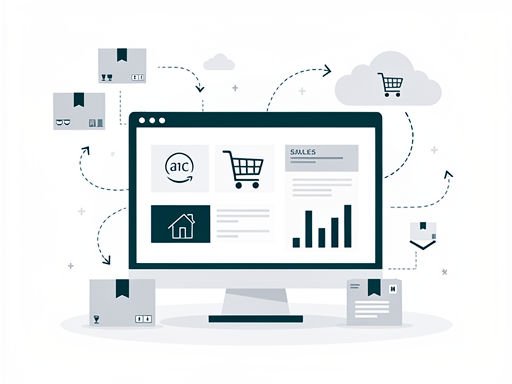 Computerscherm met abstracte UI-elementen en verzendpijlen symboliserend dropshipping via Amazon.