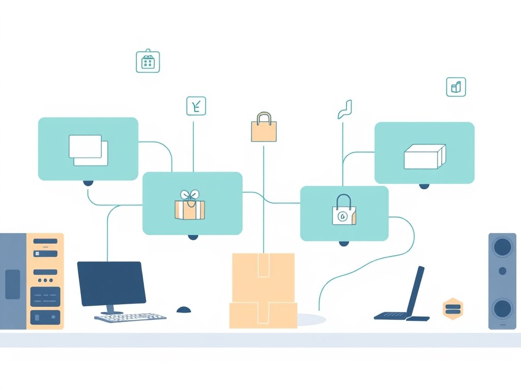 Minimalistische tech illustratie van een abstract werkstation met verbonden schermen en producticonen in dropshipping stijl.