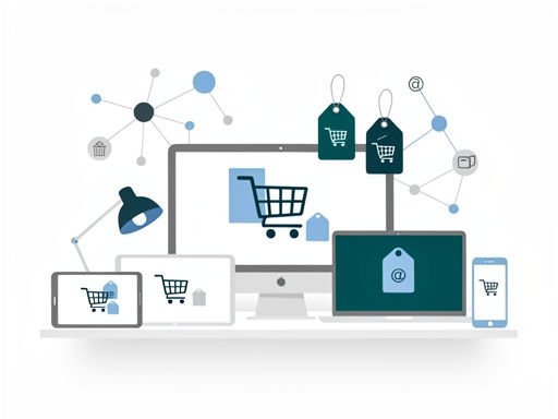 Minimalistische werkplek met abstracte e-commerce iconen en keten visualisatie in diepe teal en zachte grijstinten.