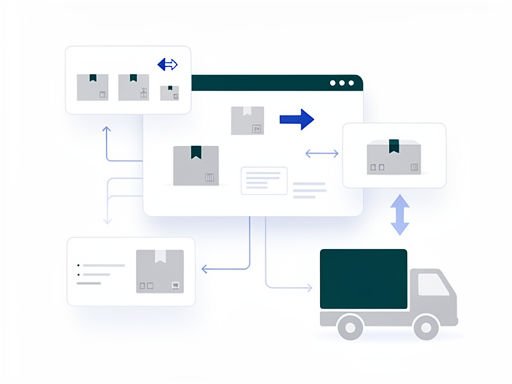 Abstract vectorillustratie van een digitaal retourproces met pakketten en leveringssymbolen in diep teal en zachte grijstinten.
