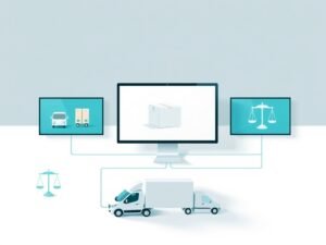 Abstract tech illustration van dropshipping systemen met symbolen voor levering en juridische aspecten in een minimalistische stijl.
