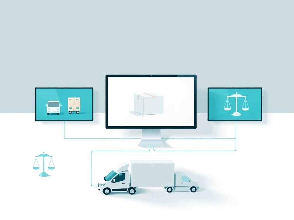 Abstract tech illustration van dropshipping systemen met symbolen voor levering en juridische aspecten in een minimalistische stijl.
