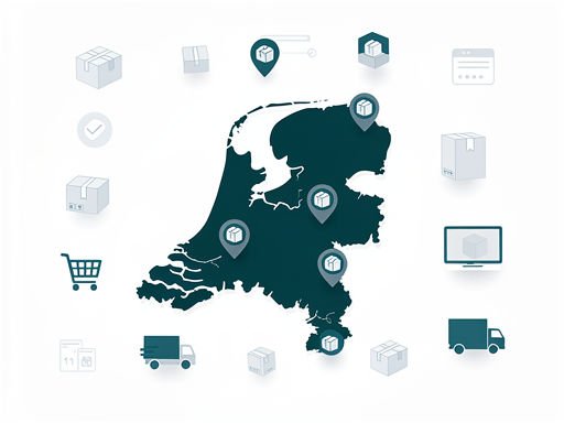 Vectorillustratie van Nederlandse kaart met zakelijke symbolen en logistieke iconen in diepe teal en zachte kleuren.