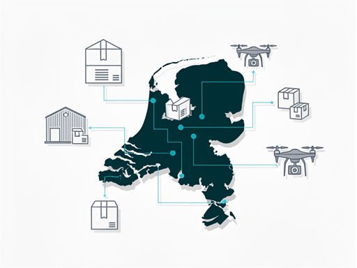Abstracte e-commerce ecosysteem illustratie met Nederlandse kaart en verzendiconen in flat vectorstijl.