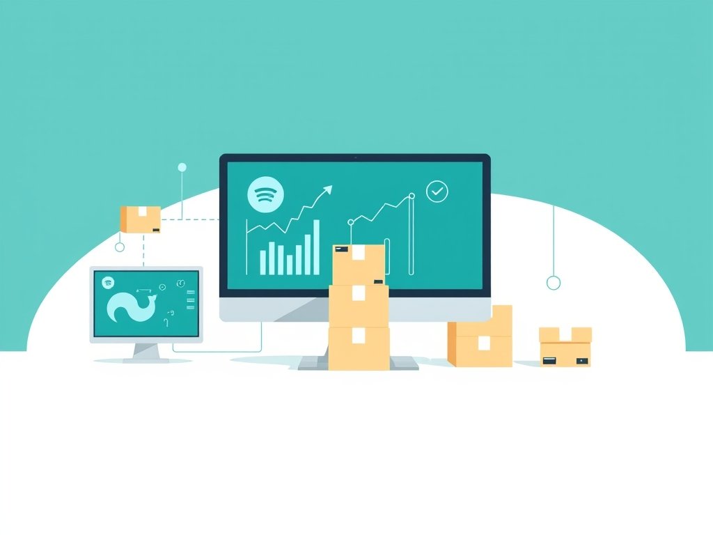 Minimalistische tech illustratie met schermen, pakketten en digitale connecties binnen dropshipping context.
