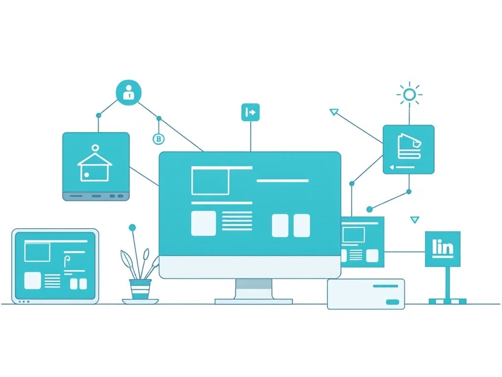 Abstract digitale werkplek met schermen, labels en supply chain concepten in diepe teal en zachte blauwtinten.