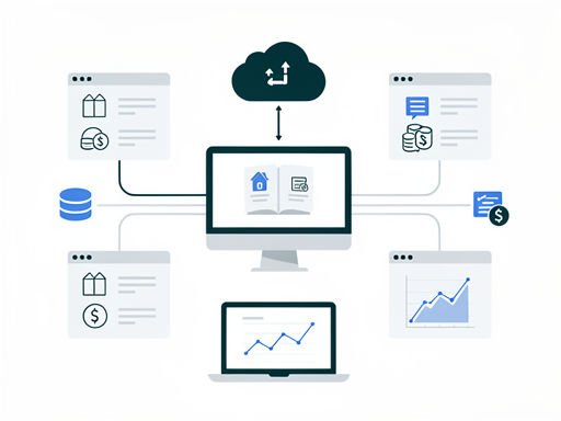 Conceptuele connecties tussen digitale boekhoudkundige en dropshipping elementen in een rustige compositie.