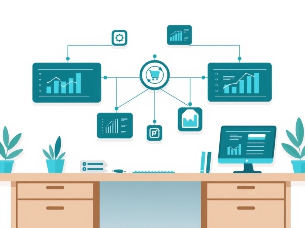 Flat-style illustratie van abstracte UI elementen en grafieken in een overzichtelijke digitale dropshipping context.