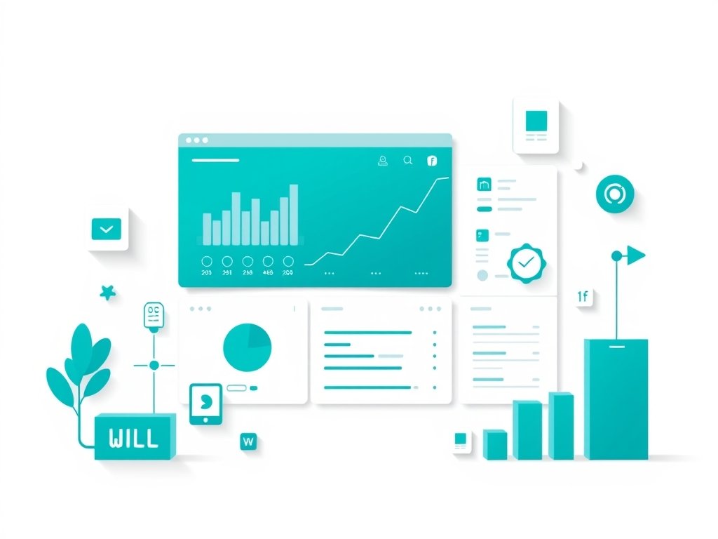 Vlakke vectorillustratie van een gestileerde e-commerce dashboard met digitale iconen en grafieken in diepe teal en zachte blauwtinten.