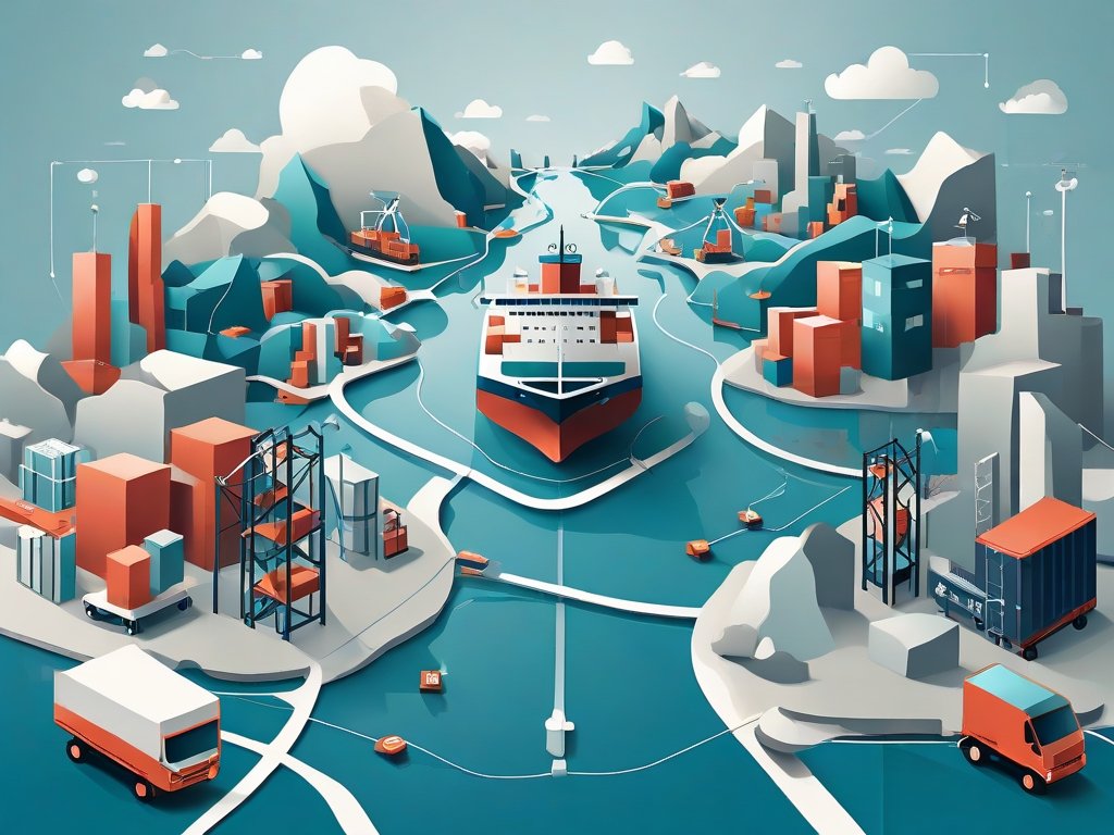 Abstract wereldkaart met verbonden dropshipping routes en pakketten in minimalistische teal en grijstinten.