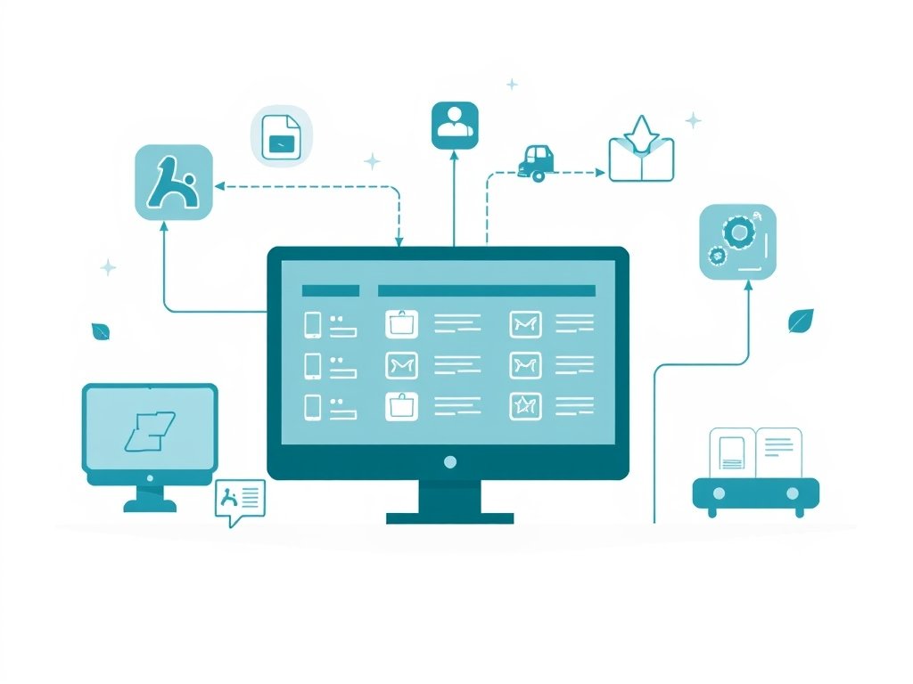 Vectorillustratie van een digitale winkelomgeving met pakketten en schermpictogrammen in een helder, strak design met diepe teal kleur als accent.