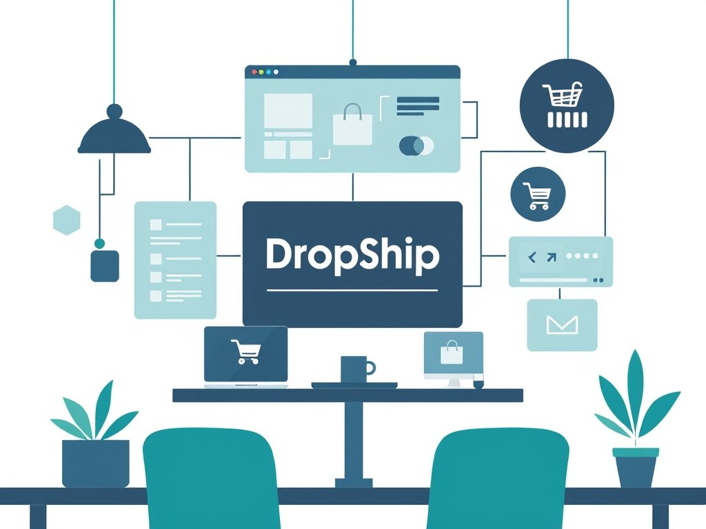Minimalistische tech illustratie van een dropshipping systeem met digitale schermen en pakketten in teal en grijs.