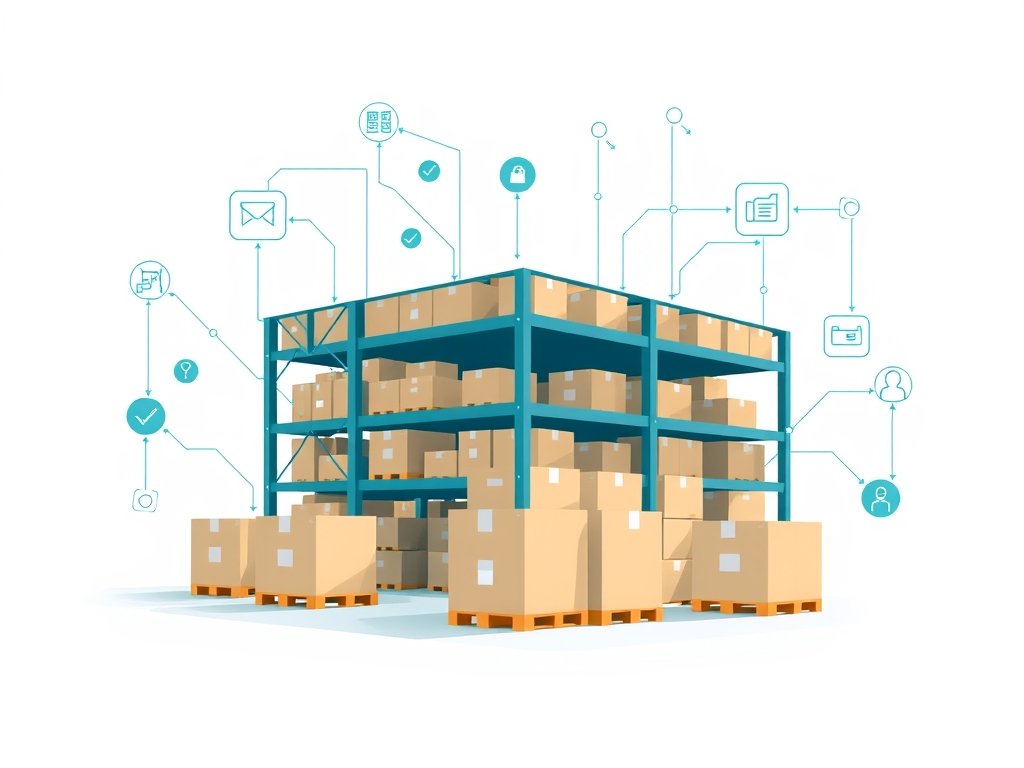 Minimalistisch vectorillustratie van een magazijn met dozen en digitale verzendsymbolen in diepe teal en zachte blauwtinten.
