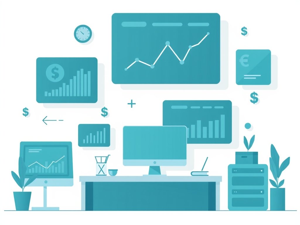Minimalistische tech illustratie van een abstract workspace met digitale panelen en symbolen voor dropshipping marges en winstgevendheid.